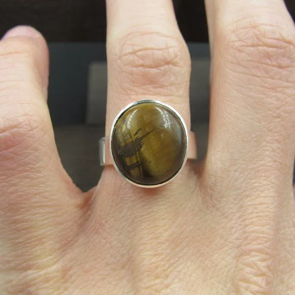 Size 7 Sterling Silver Round Tiger's Eye Stone Band Ring Vintage - Picture 4 of 8